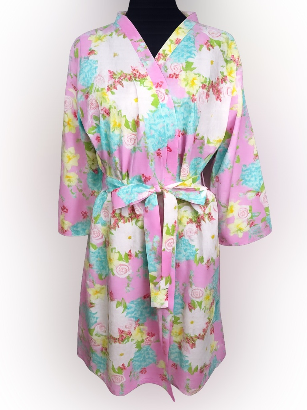 The Paisley Box Pink Multi-Floral  Cotton Kimono Robe Size Small